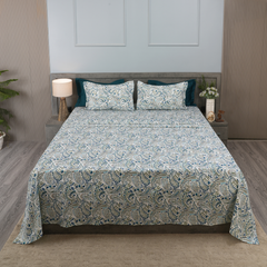 Paisley Vine King Bedsheet Set | 210 TC | 100% Pure Cotton | 2 Pillow Covers with Piping | Blue