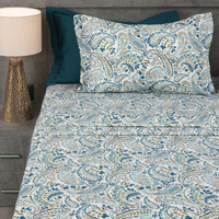 Paisley Vine King Bedsheet Set | 210 TC | 100% Pure Cotton | 2 Pillow Covers with Piping | Blue