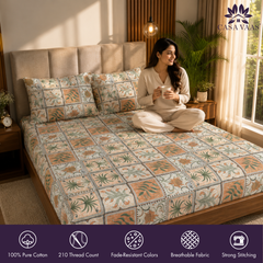 Jardin Mosaic King Bedsheet Set | 210 TC | 100% Pure Cotton | 2 Pillow Covers with Piping | Beige