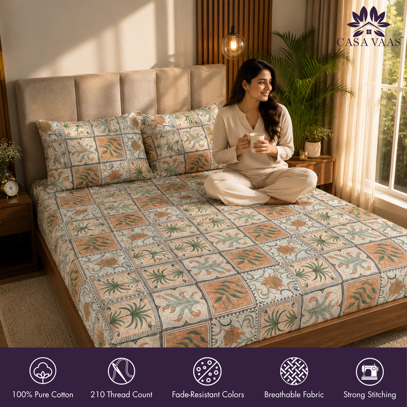 Jardin Mosaic King Bedsheet Set | 210 TC | 100% Pure Cotton | 2 Pillow Covers with Piping | Beige