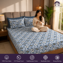 Driftwave King Bedsheet Set | 210 TC | 100% Pure Cotton | 2 Pillow Covers with Piping | Blue