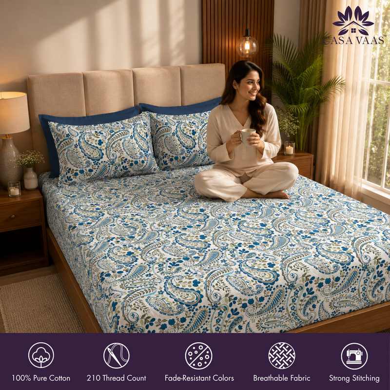 Paisley Vine King Bedsheet Set | 210 TC | 100% Pure Cotton | 2 Pillow Covers with Piping | Blue