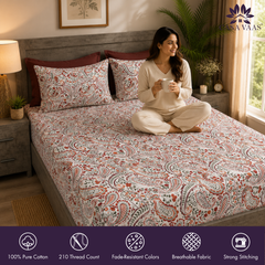 Paisley Vine King Bedsheet Set | 210 TC | 100% Pure Cotton | 2 Pillow Covers with Piping | Orange