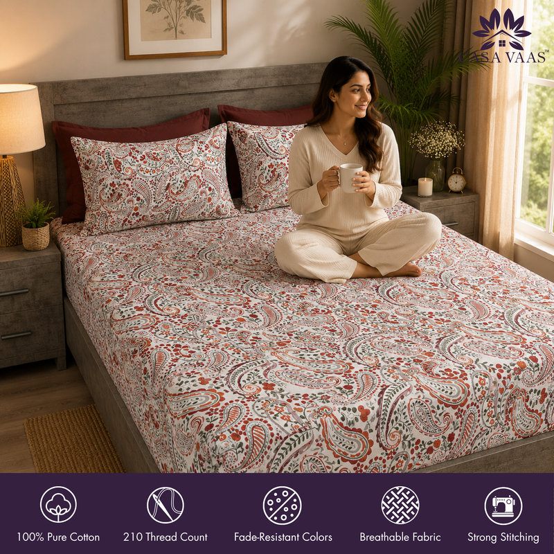 Paisley Vine King Bedsheet Set | 210 TC | 100% Pure Cotton | 2 Pillow Covers with Piping | Orange