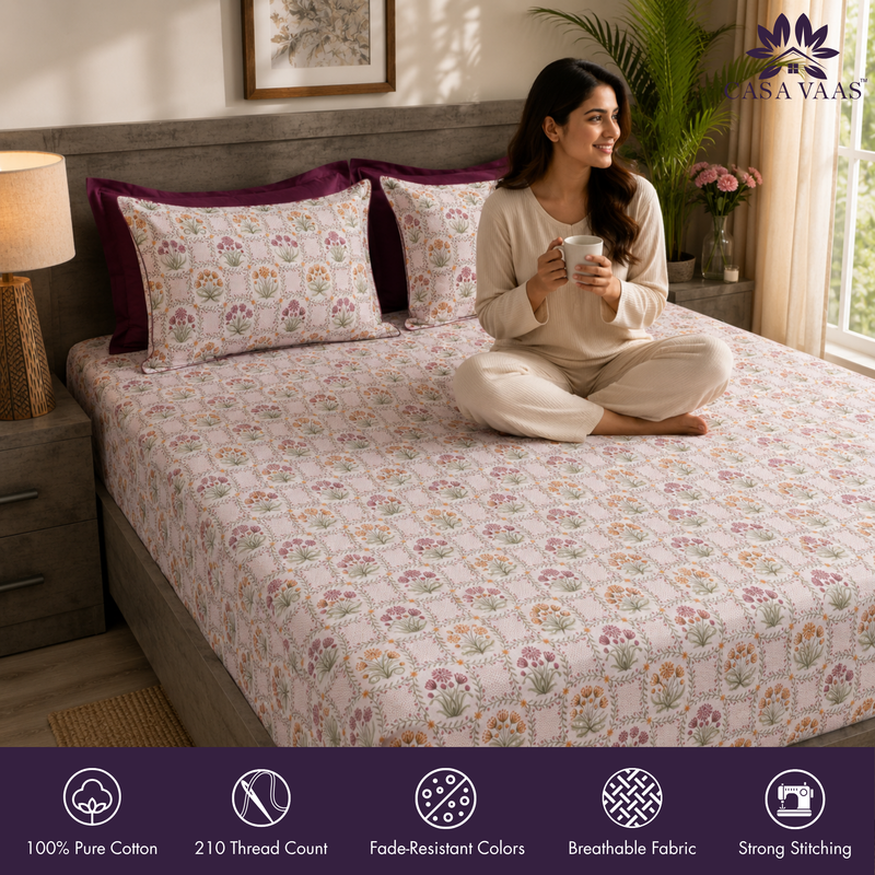 Fleur Royale King Bedsheet Set | 210 TC | 100% Pure Cotton | 2 Pillow Covers with Piping | Purple