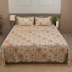 Jardin Mosaic King Bedsheet Set | 210 TC | 100% Pure Cotton | 2 Pillow Covers with Piping | Beige