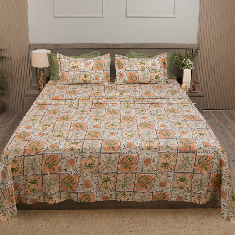 Jardin Mosaic King Bedsheet Set | 210 TC | 100% Pure Cotton | 2 Pillow Covers with Piping | Beige