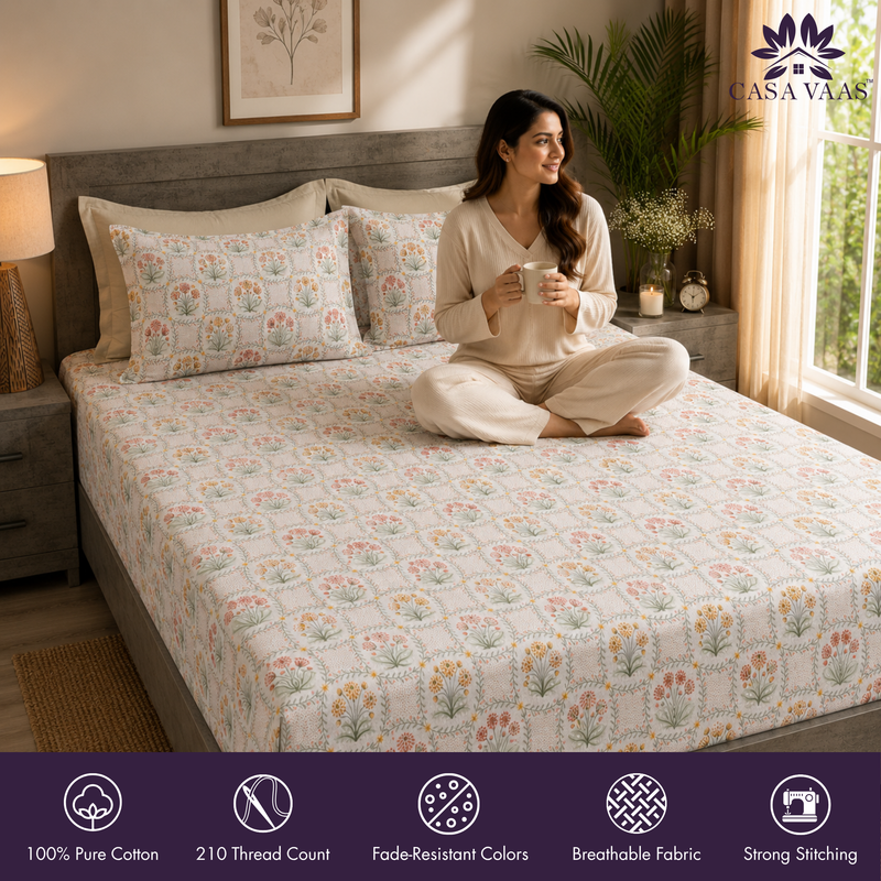Fleur Royale King Bedsheet Set | 210 TC | 100% Pure Cotton | 2 Pillow Covers with Piping | Yellow