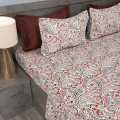Paisley Vine King Bedsheet Set | 210 TC | 100% Pure Cotton | 2 Pillow Covers with Piping | Orange