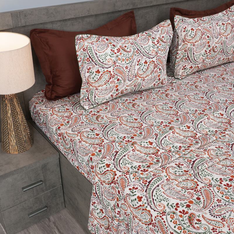 Paisley Vine King Bedsheet Set | 210 TC | 100% Pure Cotton | 2 Pillow Covers with Piping | Orange