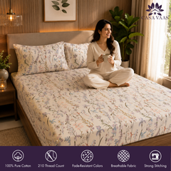 Wild Orchid King Bedsheet Set | 210 TC | 100% Pure Cotton | 2 Pillow Covers with Piping | Peach