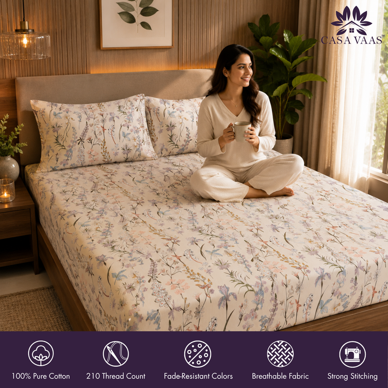 Wild Orchid King Bedsheet Set | 210 TC | 100% Pure Cotton | 2 Pillow Covers with Piping | Peach