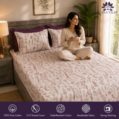 Wild Orchid King Bedsheet Set | 210 TC | 100% Pure Cotton | 2 Pillow Covers with Piping | Mauve