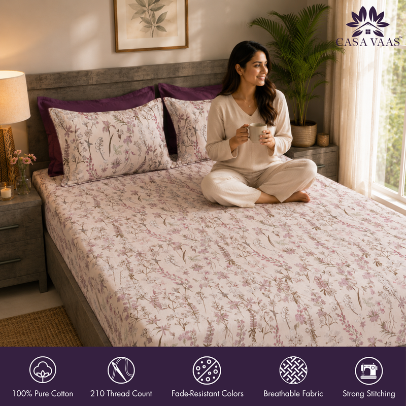 Wild Orchid King Bedsheet Set | 210 TC | 100% Pure Cotton | 2 Pillow Covers with Piping | Mauve