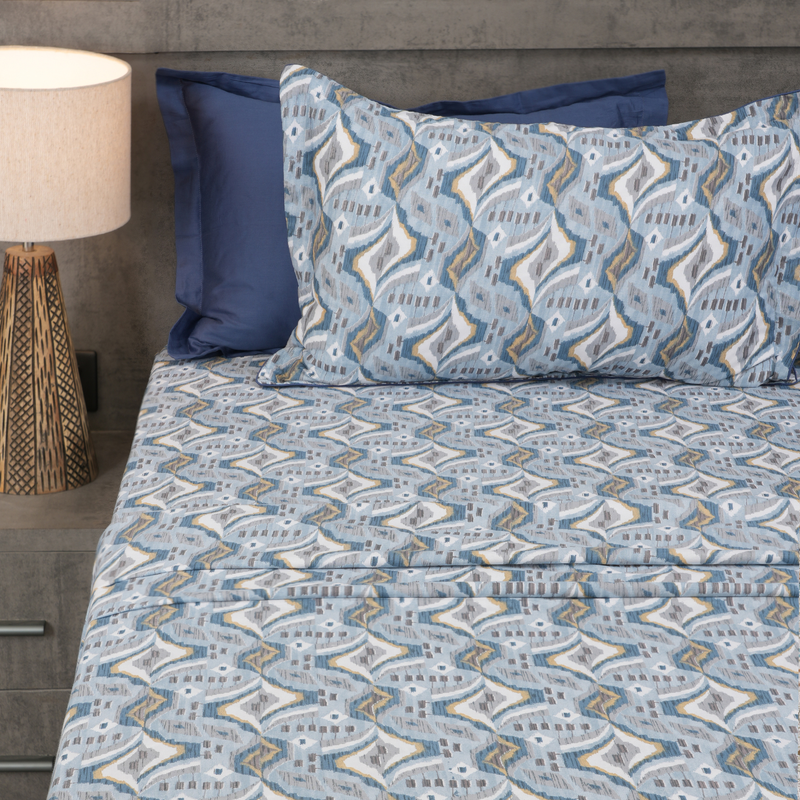 Driftwave King Bedsheet Set | 210 TC | 100% Pure Cotton | 2 Pillow Covers with Piping | Blue