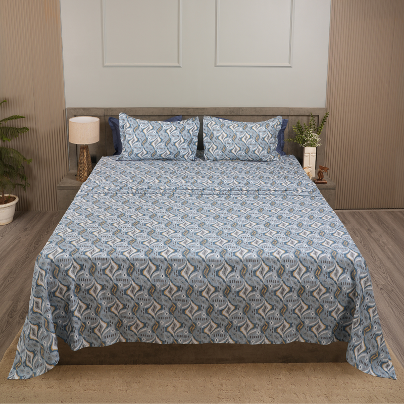 Driftwave King Bedsheet Set | 210 TC | 100% Pure Cotton | 2 Pillow Covers with Piping | Blue