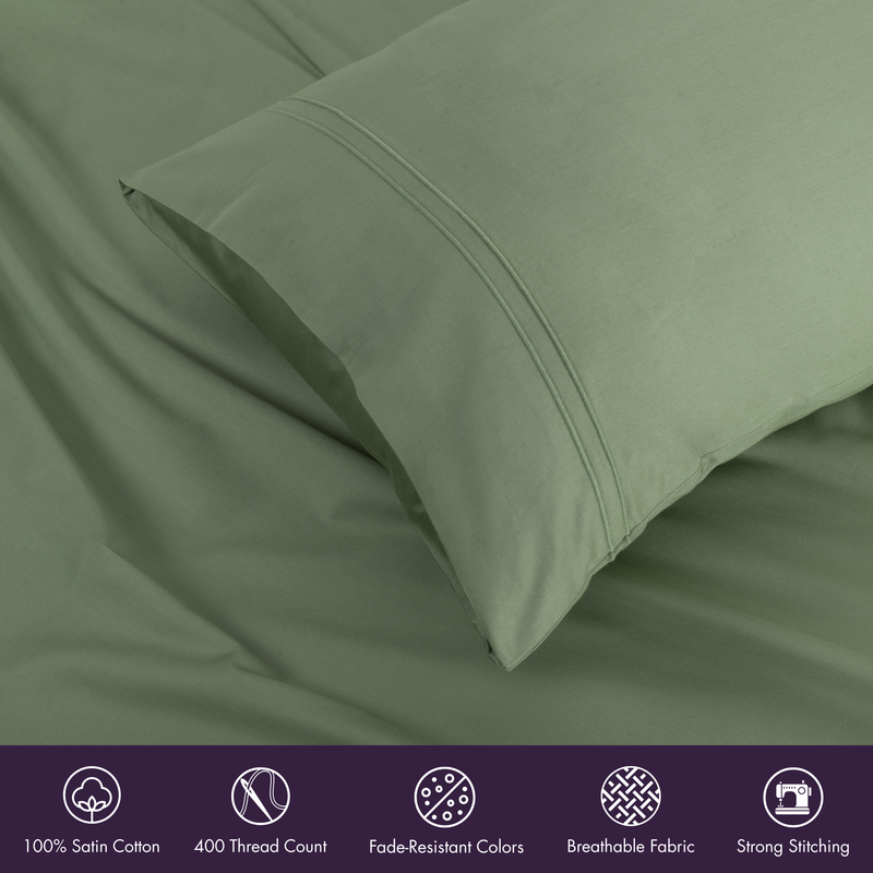 Classic Plain King Bedsheet Set | 400 TC | 100% Satin Cotton | 2 Pillow Covers | Moss