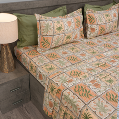 Jardin Mosaic King Bedsheet Set | 210 TC | 100% Pure Cotton | 2 Pillow Covers with Piping | Beige