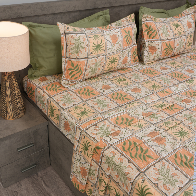 Jardin Mosaic King Bedsheet Set | 210 TC | 100% Pure Cotton | 2 Pillow Covers with Piping | Beige