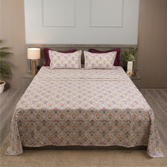 Fleur Royale King Bedsheet Set | 210 TC | 100% Pure Cotton | 2 Pillow Covers with Piping | Purple
