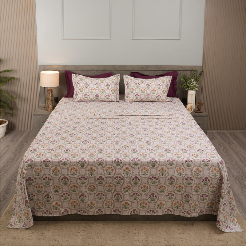 Fleur Royale King Bedsheet Set | 210 TC | 100% Pure Cotton | 2 Pillow Covers with Piping | Purple