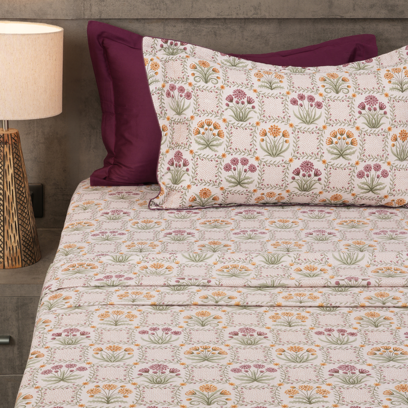 Fleur Royale King Bedsheet Set | 210 TC | 100% Pure Cotton | 2 Pillow Covers with Piping | Purple