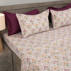 Fleur Royale King Bedsheet Set | 210 TC | 100% Pure Cotton | 2 Pillow Covers with Piping | Purple