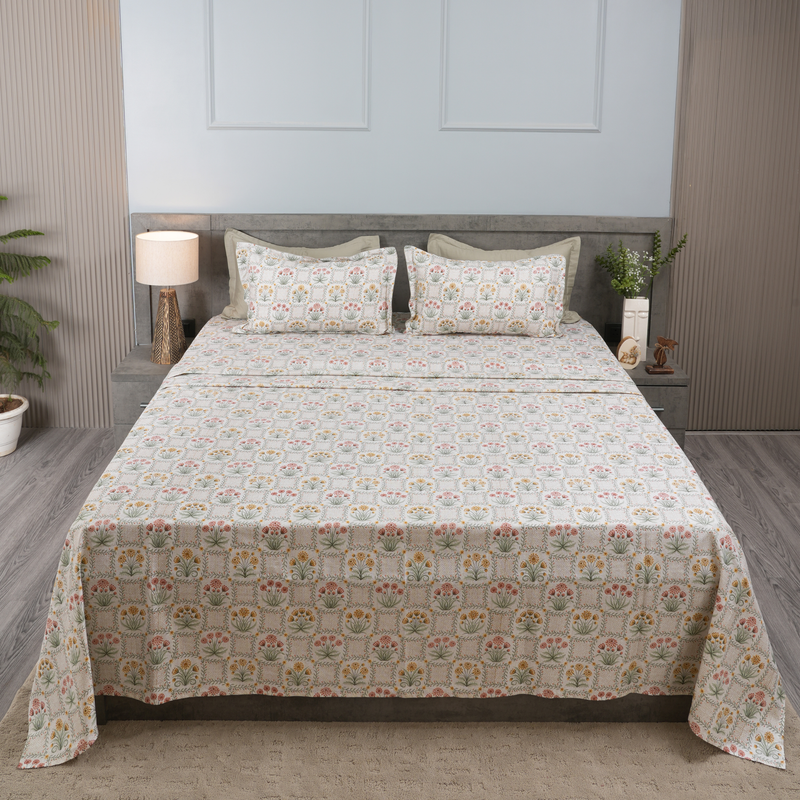 Fleur Royale King Bedsheet Set | 210 TC | 100% Pure Cotton | 2 Pillow Covers with Piping | Yellow