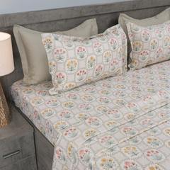Fleur Royale King Bedsheet Set | 210 TC | 100% Pure Cotton | 2 Pillow Covers with Piping | Yellow