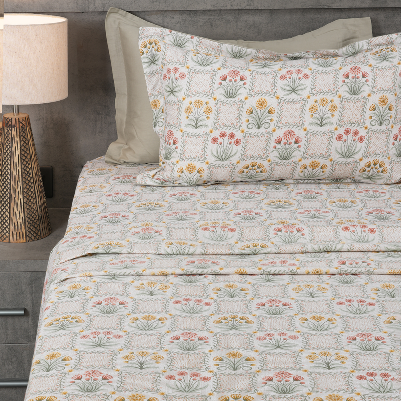 Fleur Royale King Bedsheet Set | 210 TC | 100% Pure Cotton | 2 Pillow Covers with Piping | Yellow