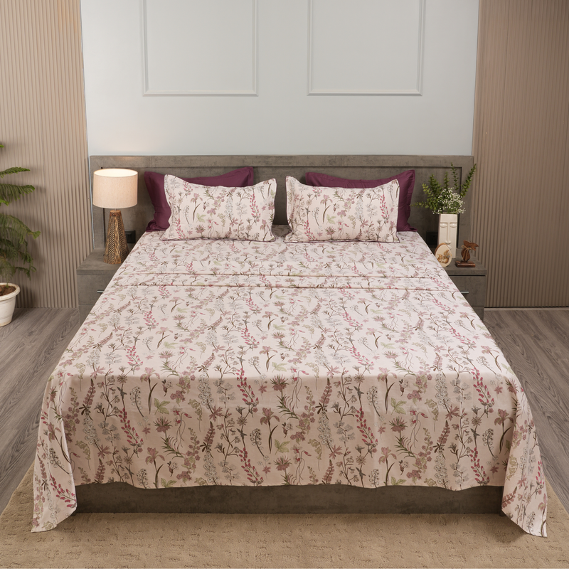 Wild Orchid King Bedsheet Set | 210 TC | 100% Pure Cotton | 2 Pillow Covers with Piping | Mauve