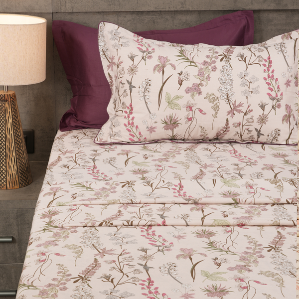 Wild Orchid King Bedsheet Set | 210 TC | 100% Pure Cotton | 2 Pillow Covers with Piping | Mauve