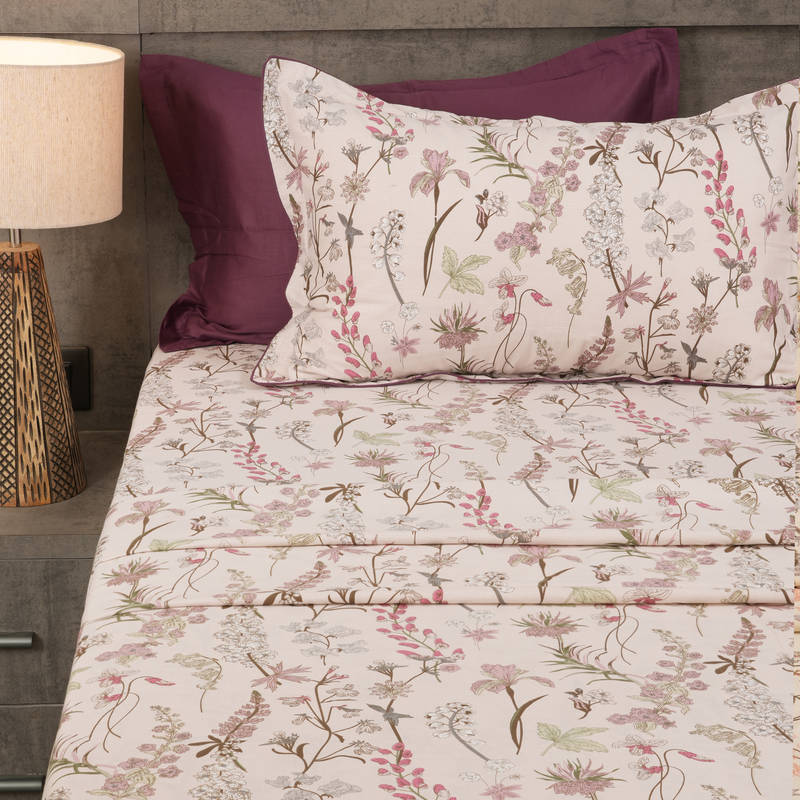 Wild Orchid King Bedsheet Set | 210 TC | 100% Pure Cotton | 2 Pillow Covers with Piping | Mauve