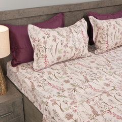 Wild Orchid King Bedsheet Set | 210 TC | 100% Pure Cotton | 2 Pillow Covers with Piping | Mauve