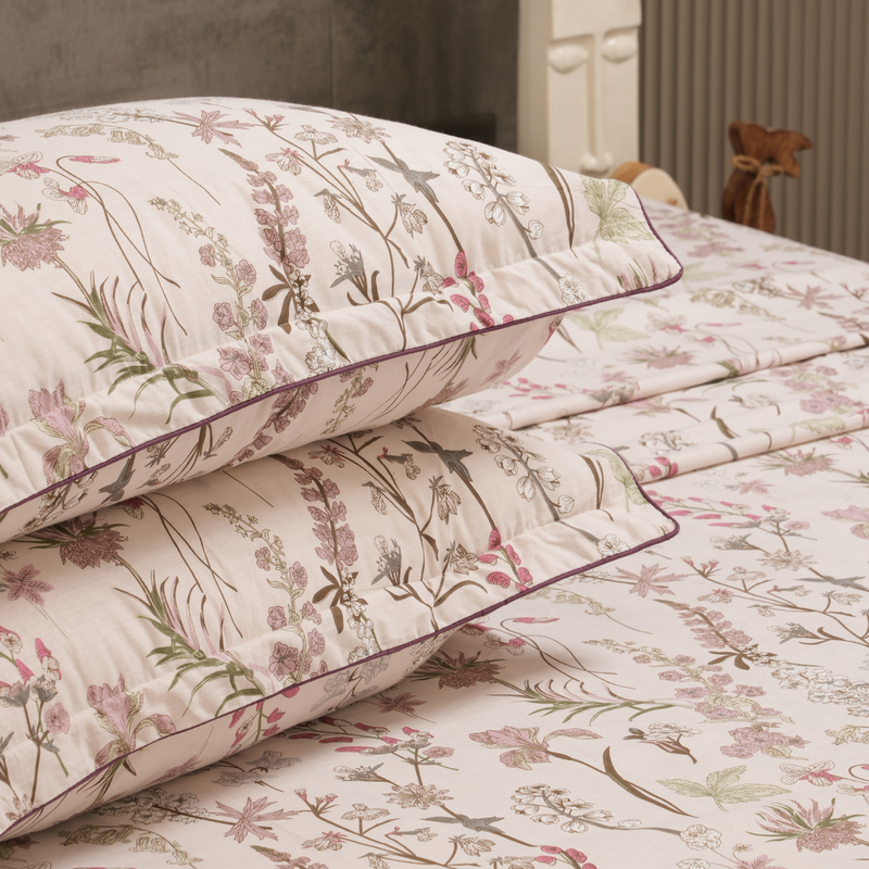 Wild Orchid King Bedsheet Set | 210 TC | 100% Pure Cotton | 2 Pillow Covers with Piping | Mauve