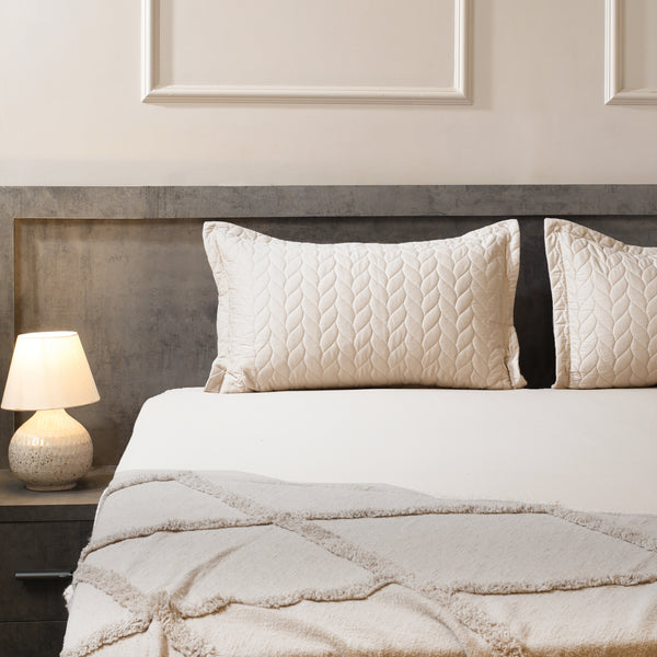 Classic Quilted Pillows Bedsheet Set | 300 TC | 100% Satin Cotton | Sand