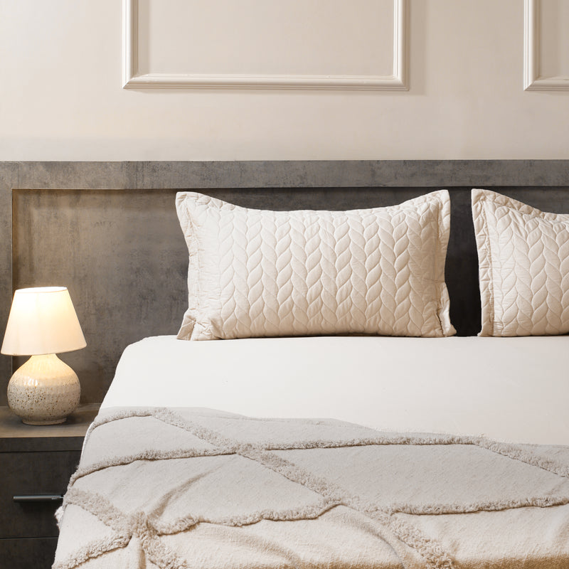 Classic Quilted Pillows Bedsheet Set | 300 TC | 100% Satin Cotton | Sand