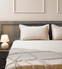 Classic Quilted Pillows Bedsheet Set | 300 TC | 100% Satin Cotton | Sand
