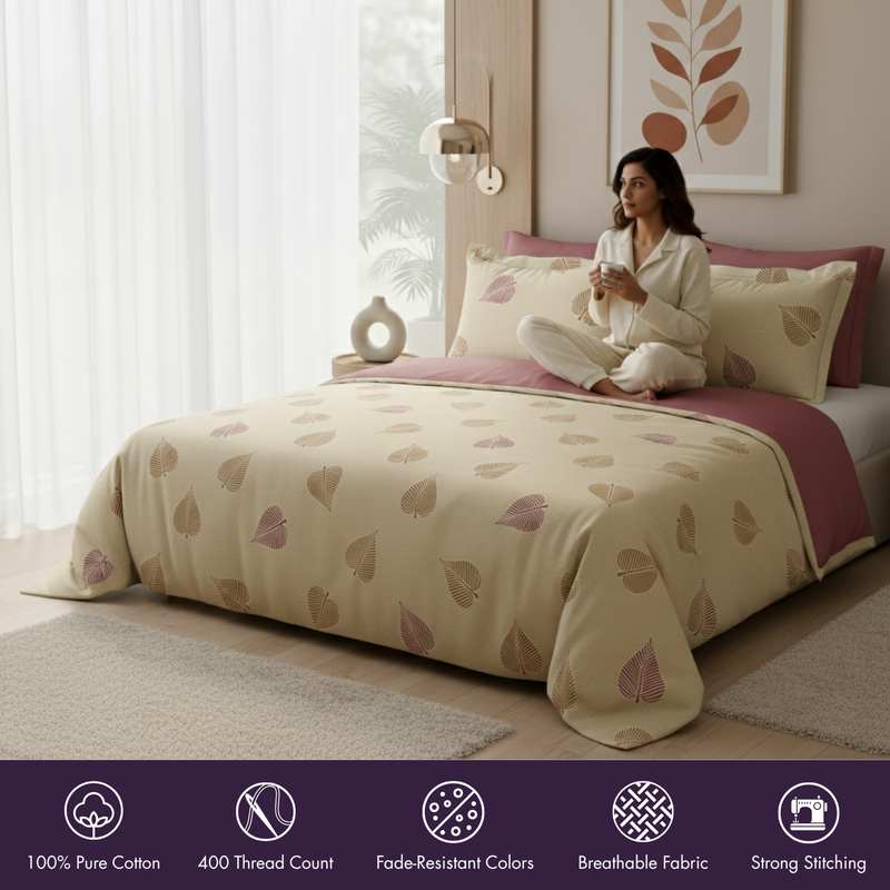 Autumn Veil King Bedsheet Set | 400 TC | Golden Pink