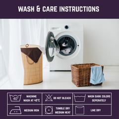 Washing machine with open door, laundry basket, and wooden hamper in a laundry room with wash and care instructions displayed.