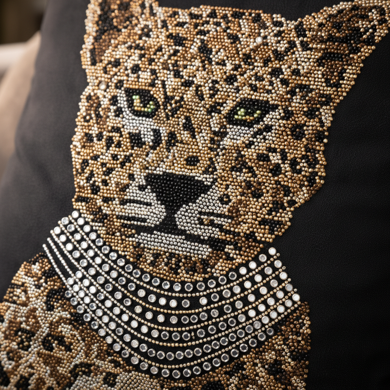 Leopard design with rhinestone embellishments on a black background