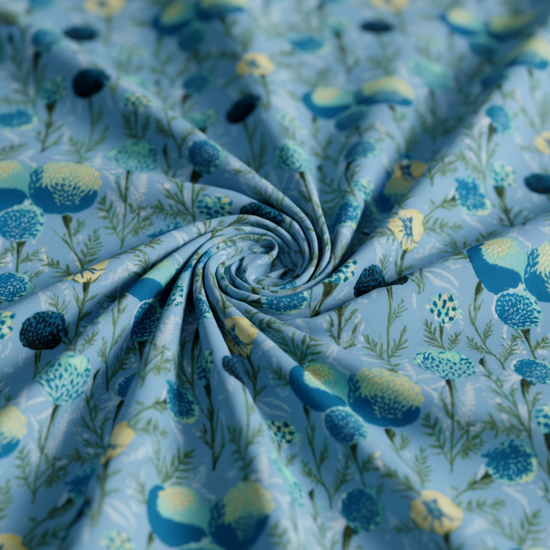 Roll of floral fabric with blue and green flowers on a light blue background