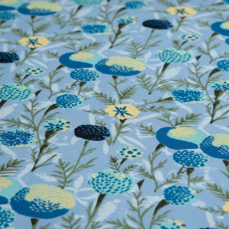 Floral pattern with blue, green, and yellow flowers on a blue background