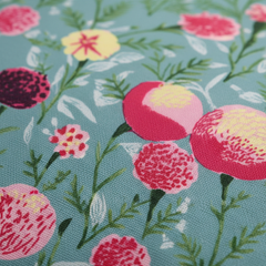 Floral pattern with pink, yellow, and green flowers on a blue background