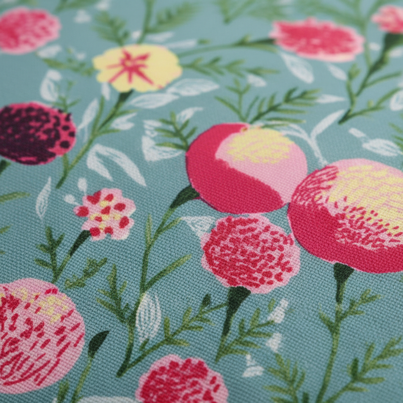 Floral pattern with pink, yellow, and green flowers on a blue background