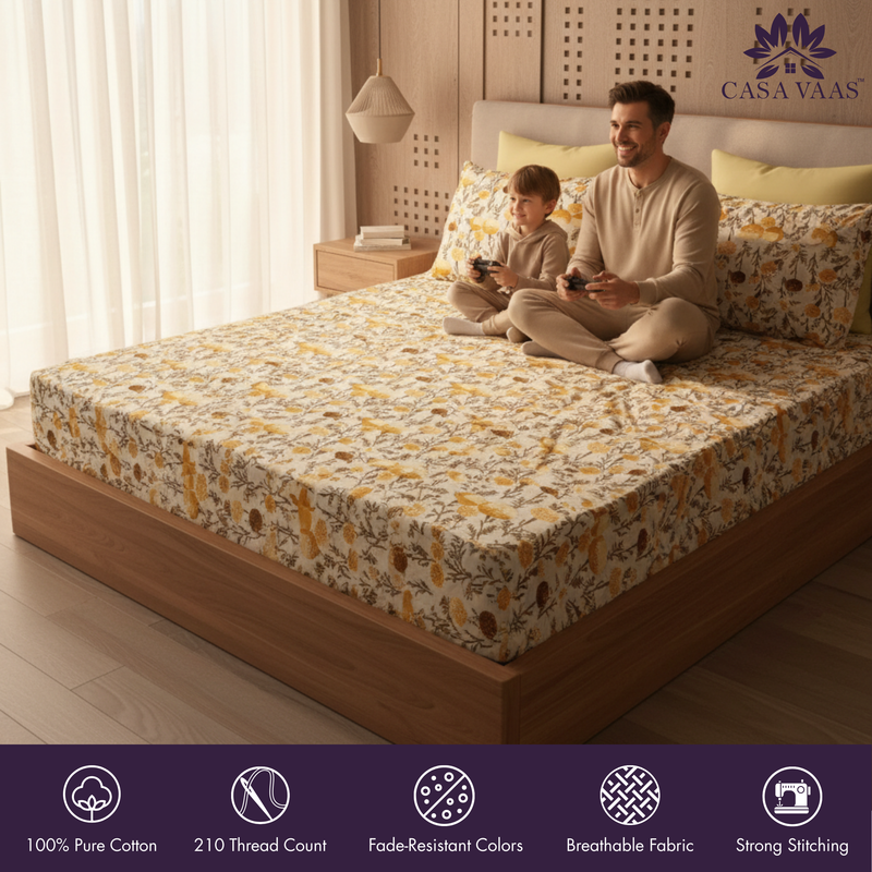 Bloomfield King Bedsheet Set | 210 TC | 100% Pure Cotton | 2 Pillow Covers with Piping | Mustard