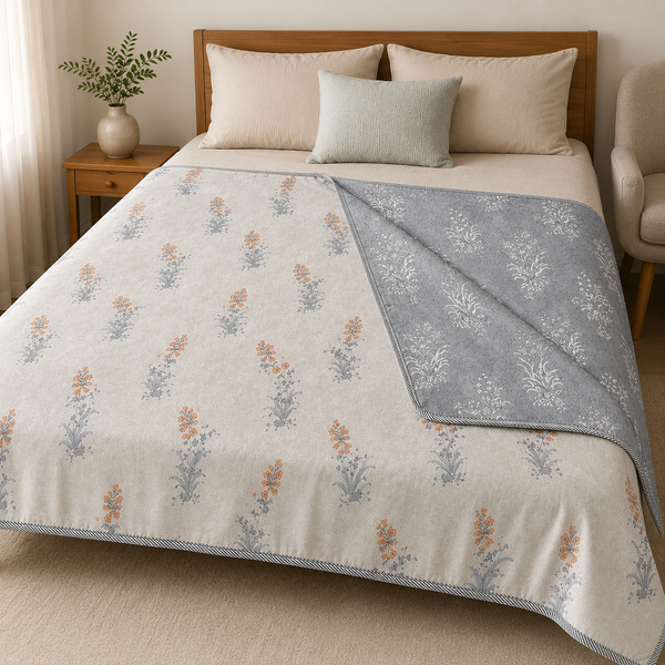 Blossom Trail Reversible Lightweight AC Dohar | Double Bed Dohar | Grey & Ivory