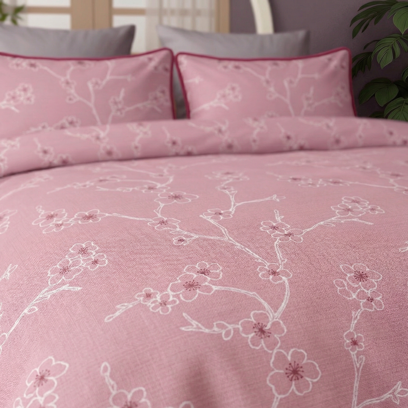 Pink floral embroidered bedding set with matching pillows.