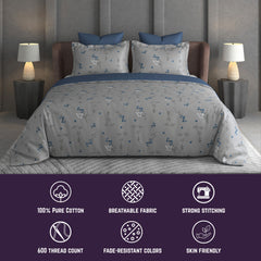Breeze Garden Bedsheet Set | 600 TC | 100% Satin Cotton | Grey