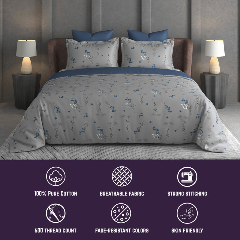 Breeze Garden Bedsheet Set | 600 TC | 100% Satin Cotton | Grey